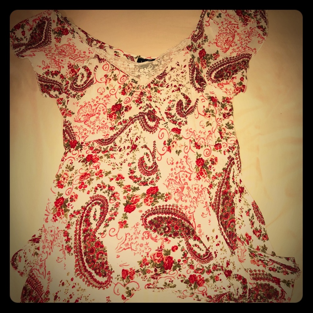 Angie Boho Hippie Floral Blouse Flutter Chiffon M